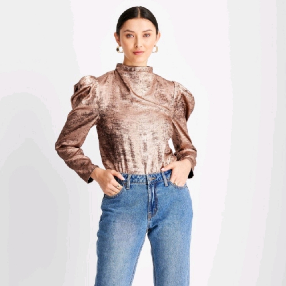 Future Collective Women's Puff Shoulder Long Sleeve Mock Neck Blouse Copper